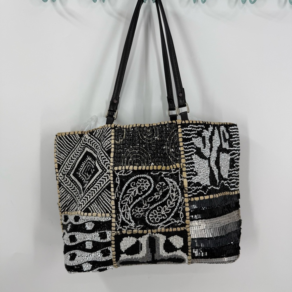 Christiana vintage beaded and sequent Geometric Black and White Tote .